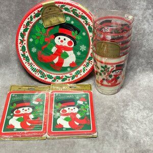 Vintage Hallmark Christmas Party Set Plates Glasses & Invitations Snowman Design